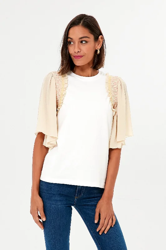 Crystal White Smocked Sleeve Embellished Tee