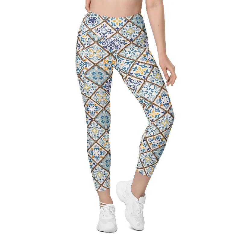 Floral Tile Print Leggings With Pockets