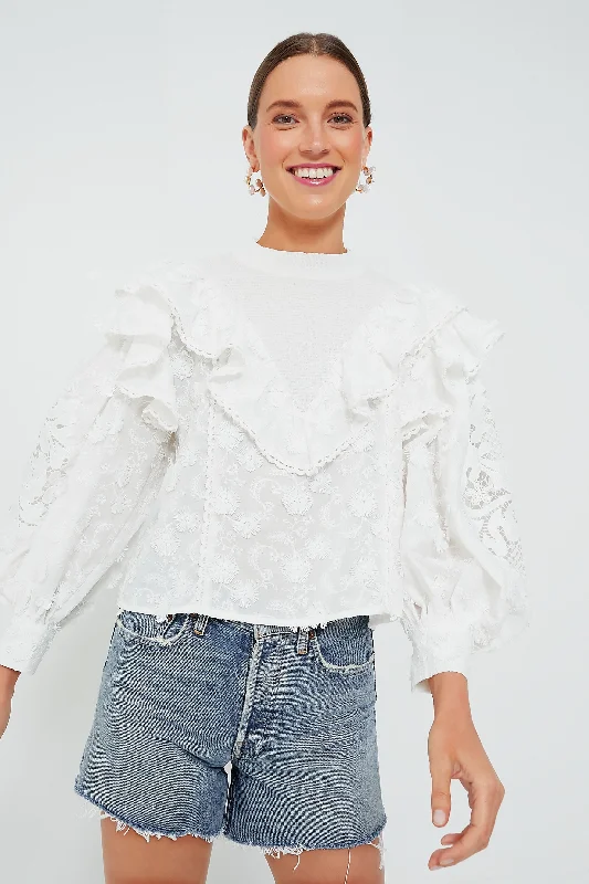 Off White Smocked Yoke 3D Flower Blouse