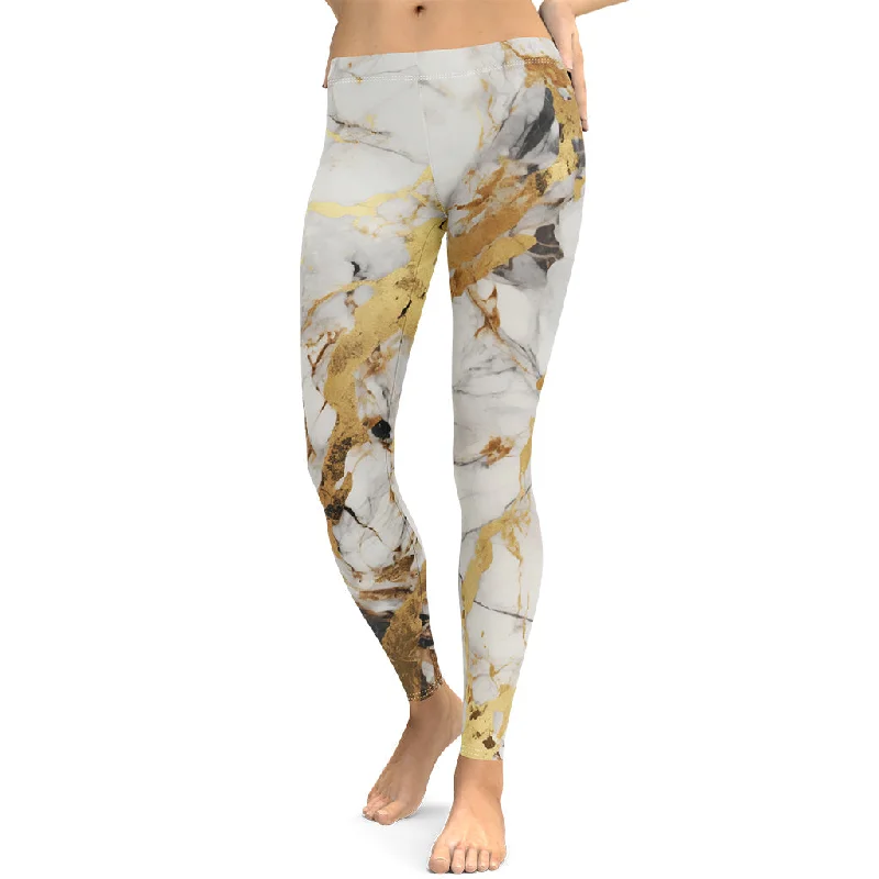 White & Gold Marble Leggings