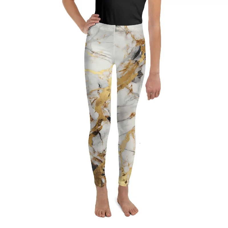 White & Gold Marble Youth Leggings