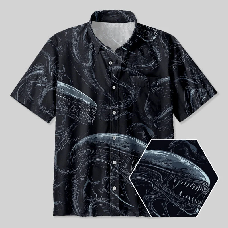 Alien Dark Blue Button Up Pocket Shirt Geometric