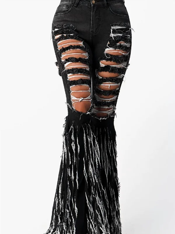 Ripped Destroyed Fringe Pant In Black