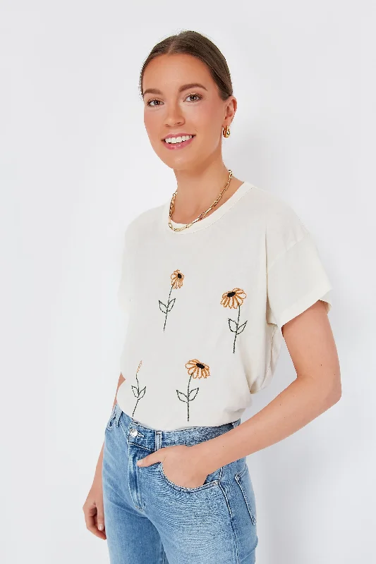 Washed White Weeping Daisy Embroidery Boxy Tee