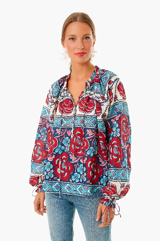 Blue Multi Floral Tie Sleeve Blouse