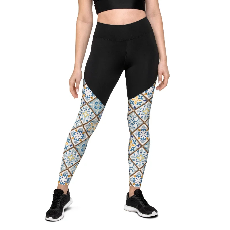 Floral Tile Print Compression Leggings