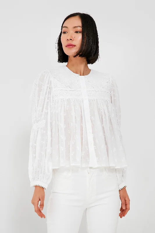 White Olga Hand Smocking Long Sleeve Top