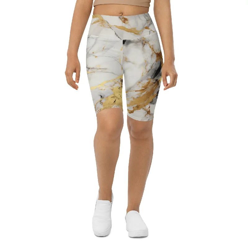 White & Gold Marble Biker Shorts