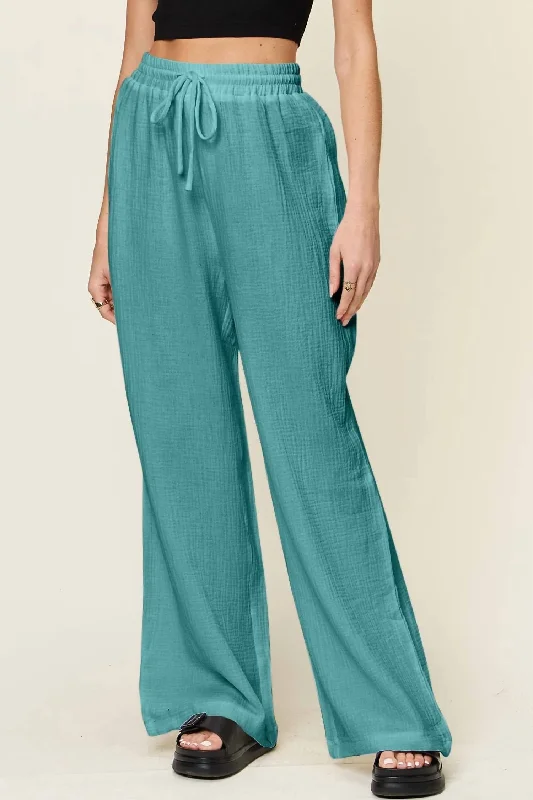 Wide Leg Drawstring Pants In Cerulean