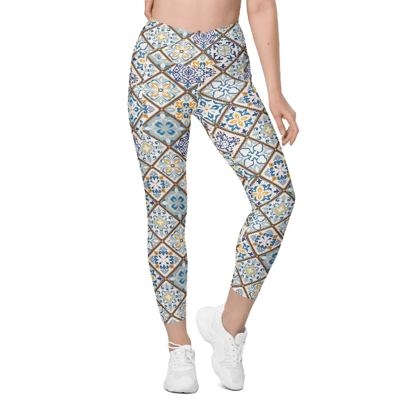 Floral Tile Print Crossover Leggings With Pockets