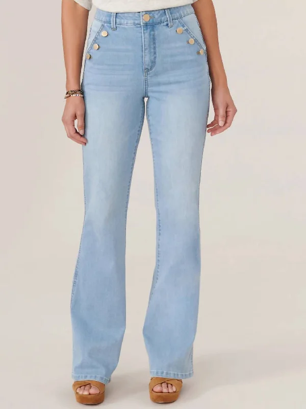 Skyrise Long Flare Jean With Angled Button-Lined Pockets In Powder Blue Artisanal Denim