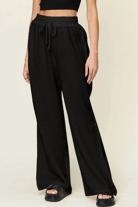 Wide Leg Drawstring Pants In Black