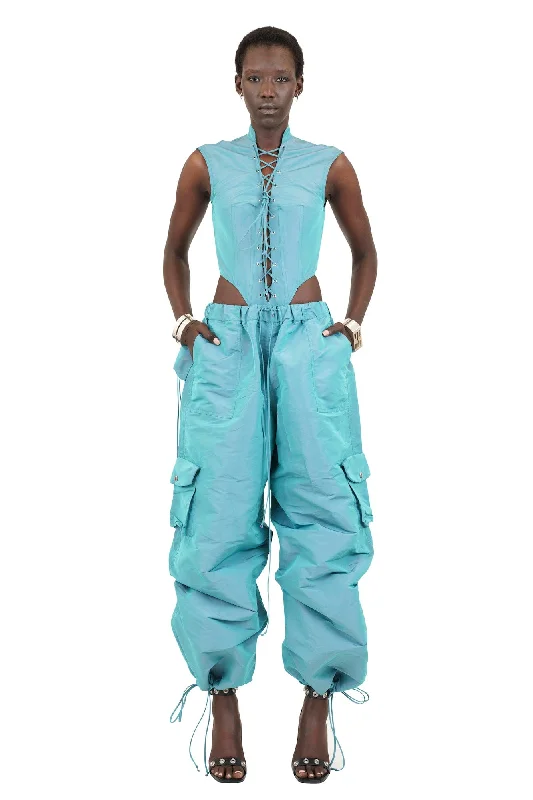 LaQuan Smith Utility Body Suit with Lace Up Detail in Aqua