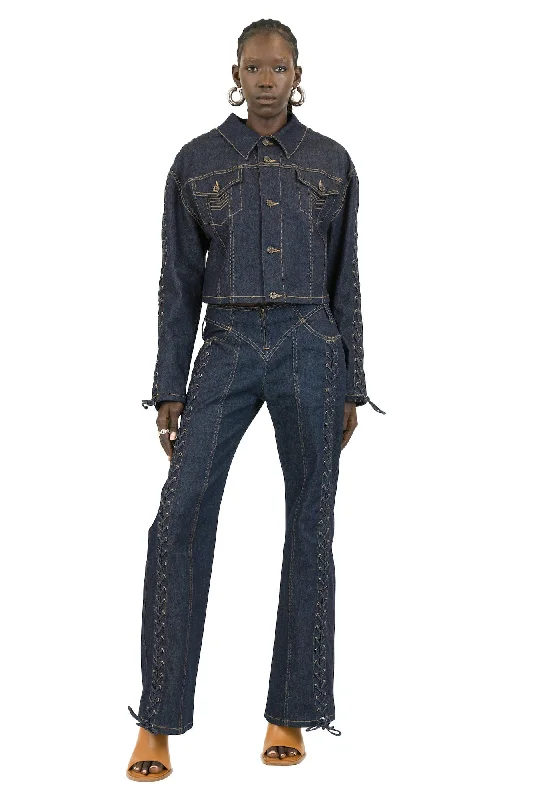 Jean Paul Gaultier Oversize Cropped Denim Jacket with Laces and Top Stitches Details in Indigo