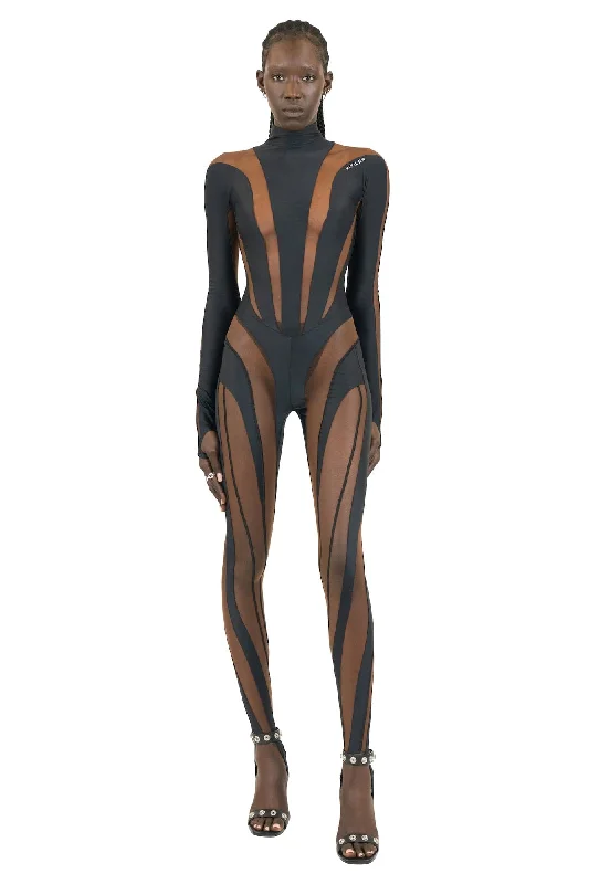 Mugler SS23 Eco Sport Cat Suit in Black Vertical Flow