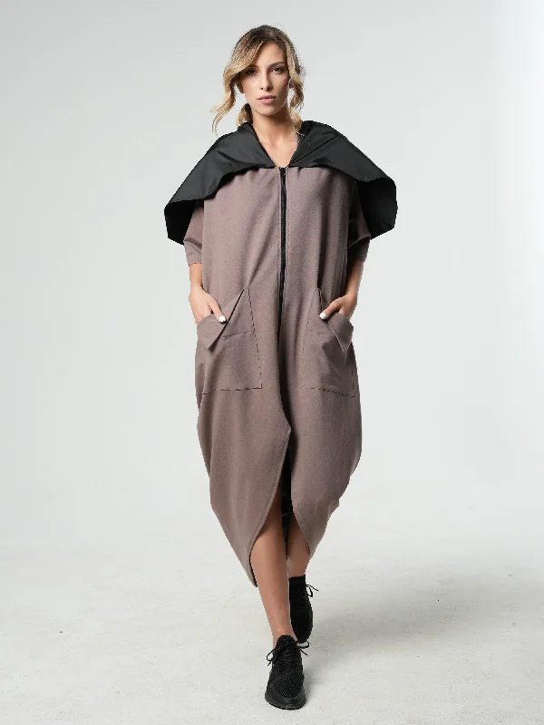 Extravagant Zipper Dress With Shoulder Cape in Moccachino