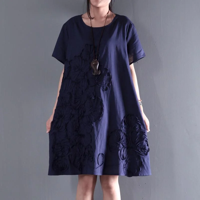 Appliques navy sundress linen summer dresses plus size blouse