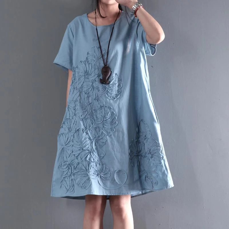 blue short sleeve sundress Appliques summer blouse holiday shift dresses