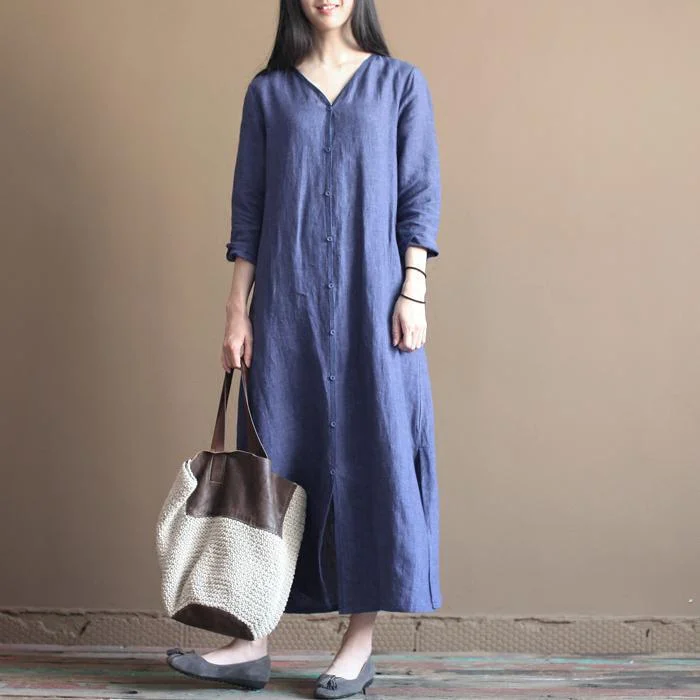 fall Blue vintage long line dresses plus size linen clothing