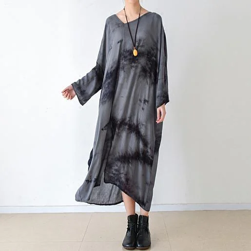 fall gray floral linen dresses asymmetrical long sleeve cotton dress plus size clothing