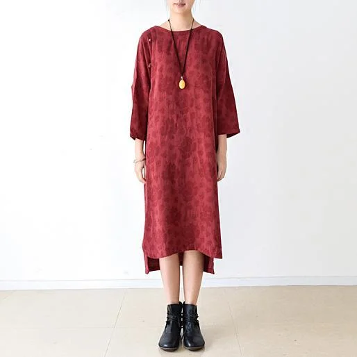 fall red linen dress floral oversized cotton dresses