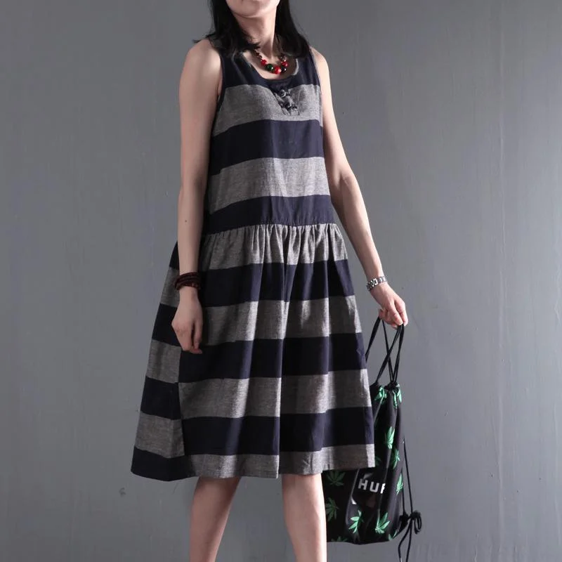 gray strip linen sundress summer sleeveless fit flare dress