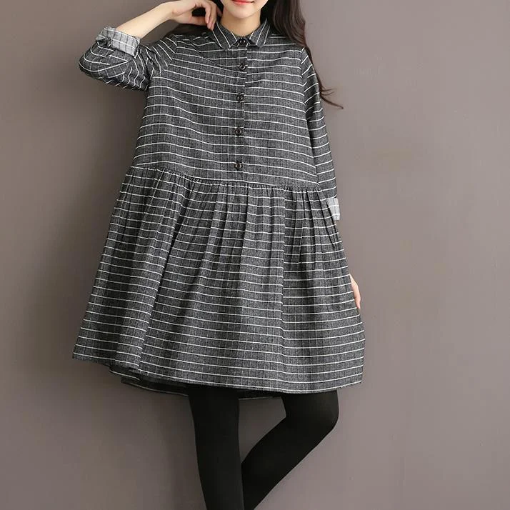 Grey vintage striped linen dress cotton shirt dress high quality fit flare spring dresses