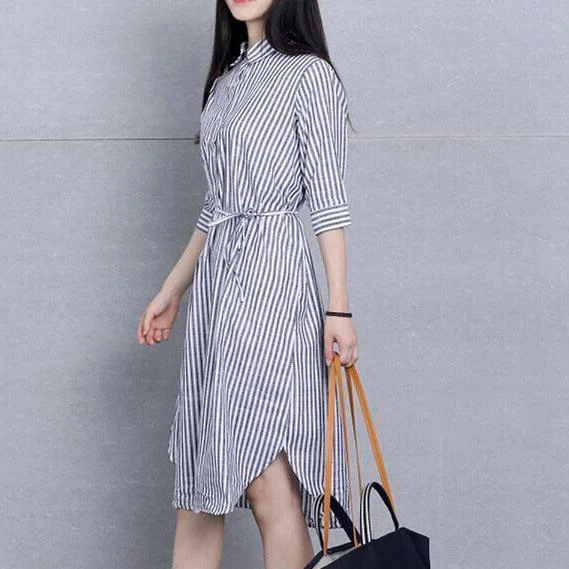 Linen sundress striped long shirt dresses summer shift dress casual style