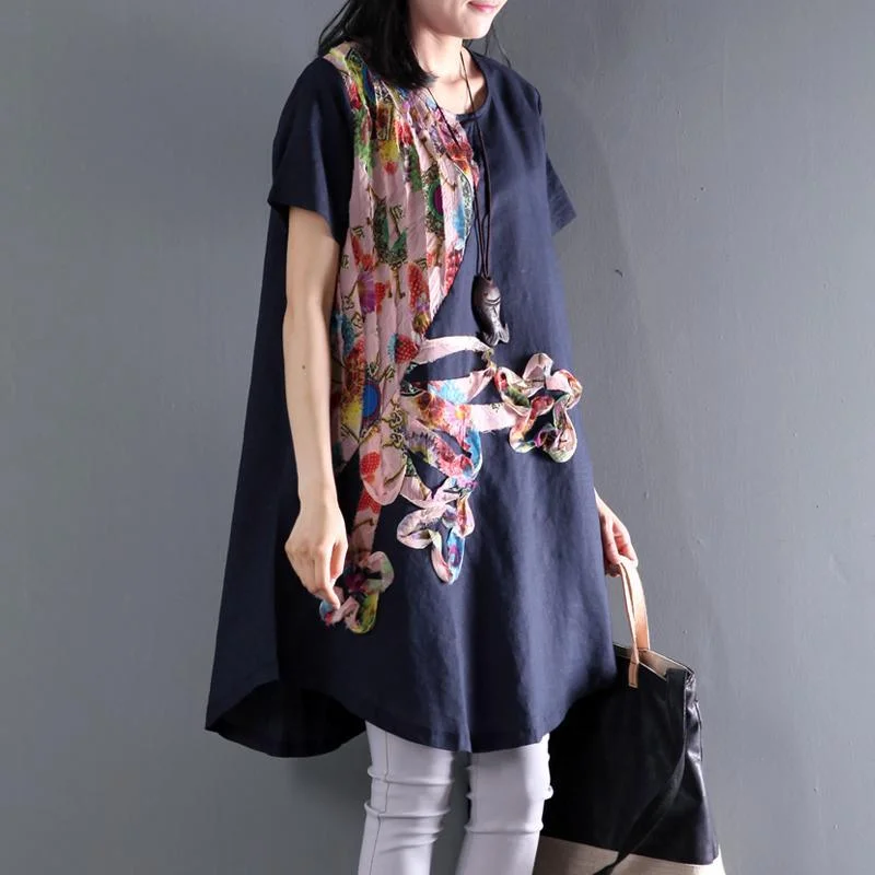 Navy floral sundress asymmetric short sleeve summer blouse dresses top