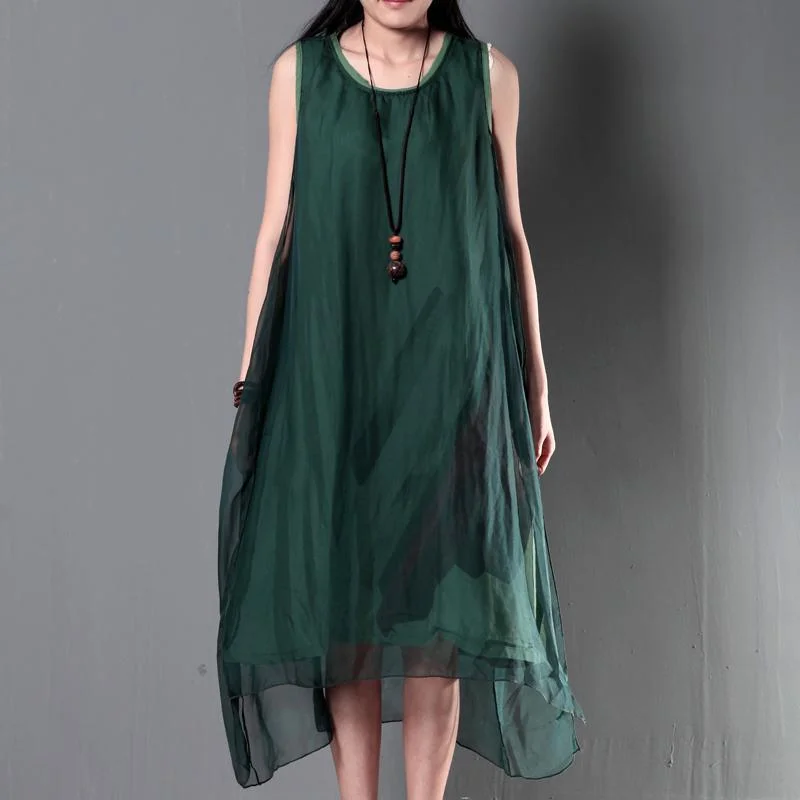 New linen dresses for summer layered silk flown sundresses long casual maxi dresses tea green