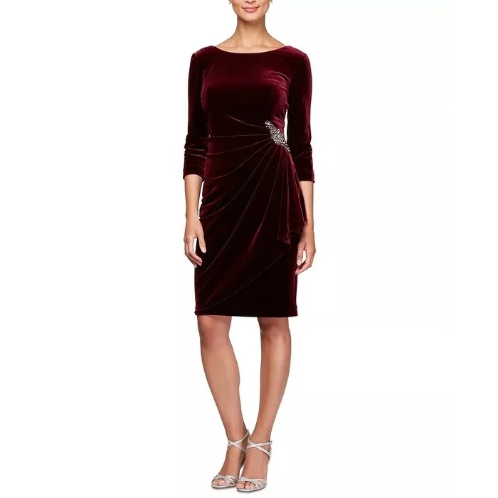 Alex Evenings Women's Ruched-Side Velvet Dress Red Size 12