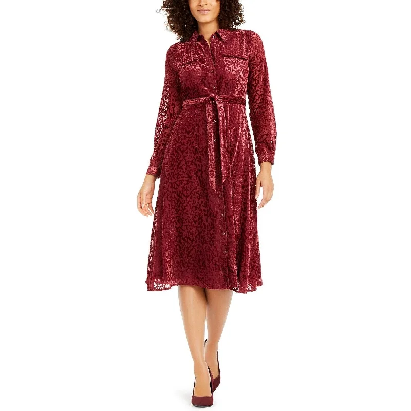 Alfani Women's Velvet Burnout Belted Shirtdress Wine Size 14