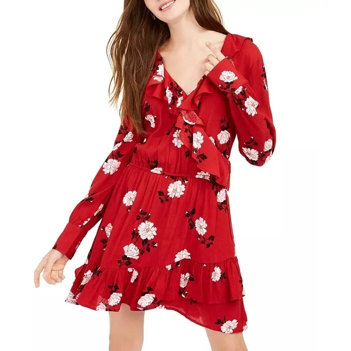 American Rag Juniors' Floral Faux Wrap Dress Red Size Extra Small - X-Small