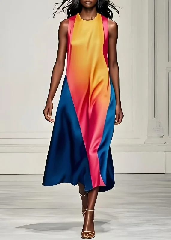 Art Gradient Color Asymmetrical Patchwork Silk Dresses Summer