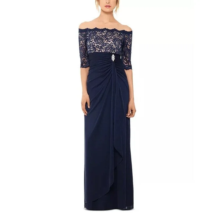 B&A by Betsy & Adam Women's Off-The-Shoulder Lace Gown Dark Blue Size 16