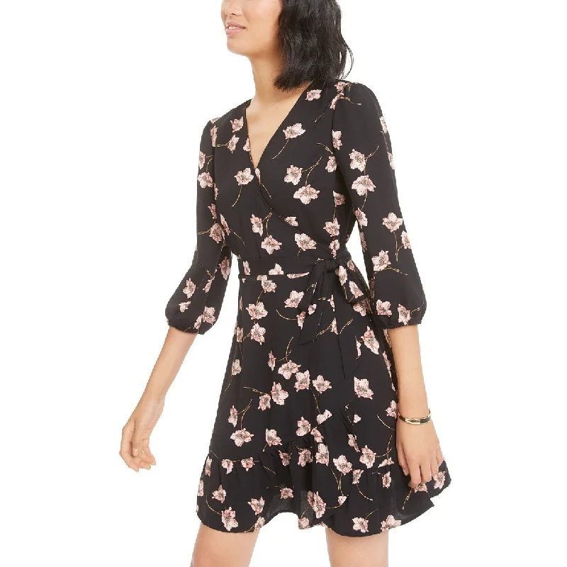 Bar III Women's Floral-Print Wrap Dress Black Size Extra Small