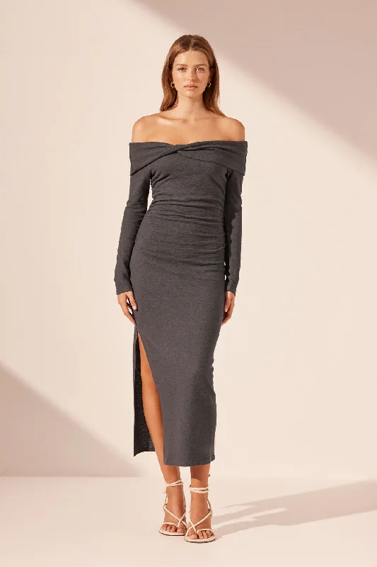 BEAU OFF SHOULDER TWIST FRONT MIDI DRESS - DARK ASH