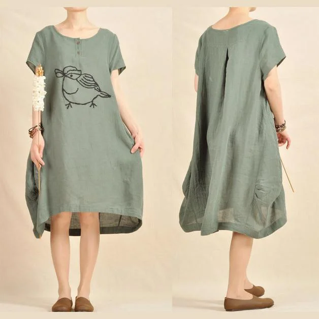 Bird print linen dress short sleeve cotton sundress