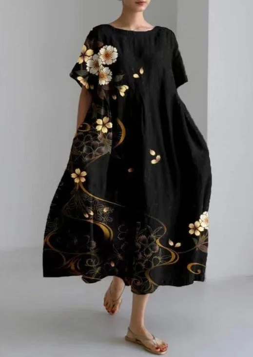 Black Golden Flower Cotton Dresses Pockets Patchwork Summer