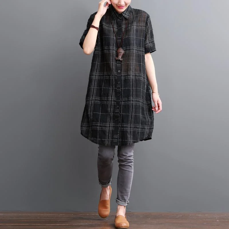 Black grid cotton shirt dress summer dresses sundress