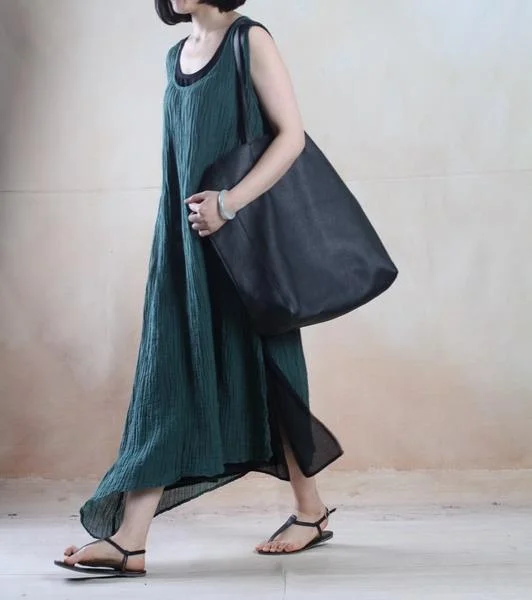 blackish green simple linen maxi sundress long causal gown caftan sleevelss