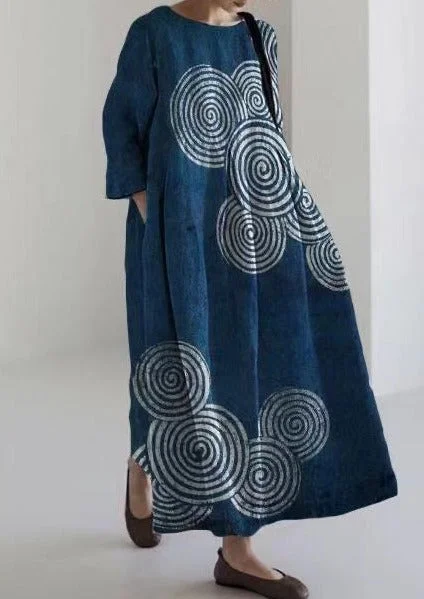 Blue Circle Cotton Dresses Pockets Patchwork Summer