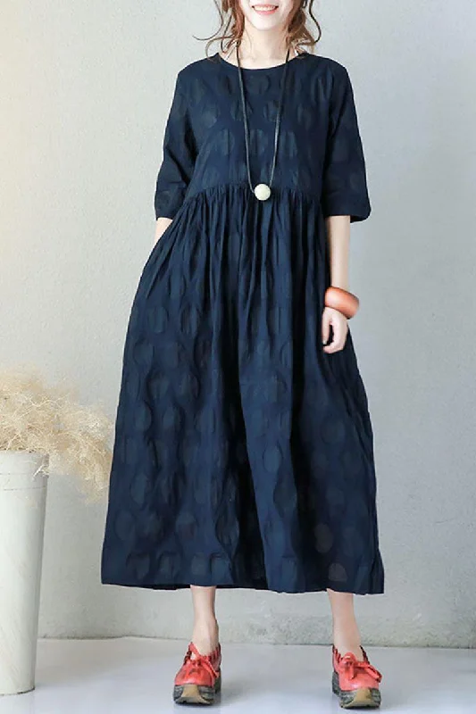 Blue Plus Size Casual Cotton Linen Dresses For Women