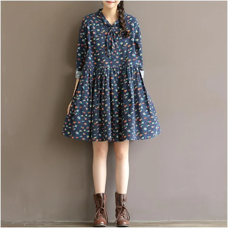 Blue floral fit flare dress oversize shirt dresses spring cotton casual dresses