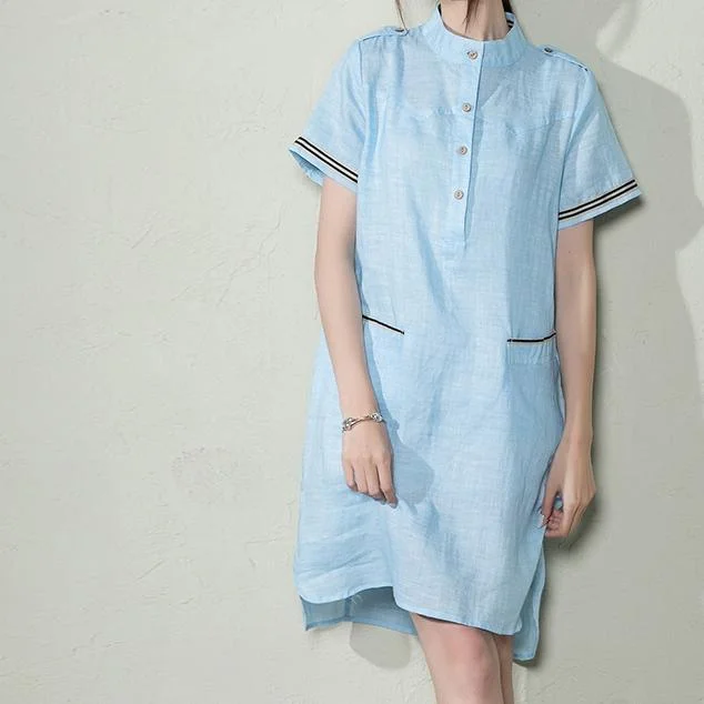 Blue plus size linen sundress oversize linen summer dress shift shirt blouse