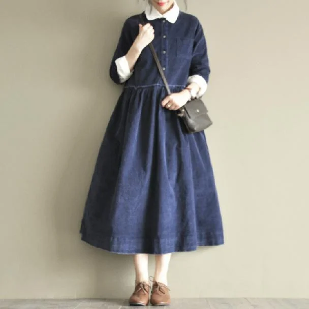 blue retro corduroy cotton dresses plus size casual dresses