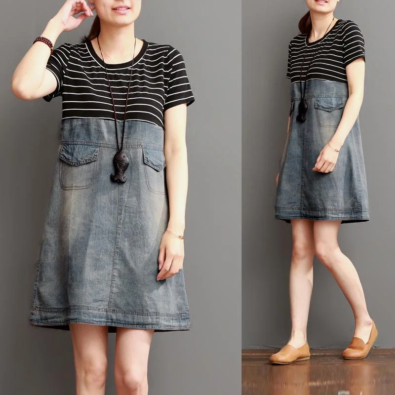 Blue short summer denim dress strip patchwork