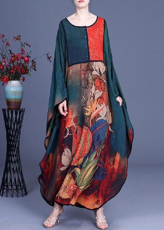 Boutique Green Print Button Retro O-Neck Summer Silk Dresses