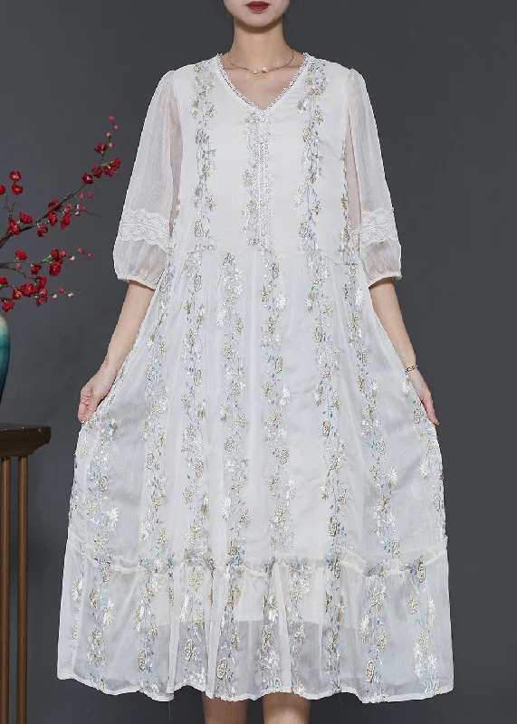 Boutique White Embroidered Patchwork Lace Silk Dresses Summer