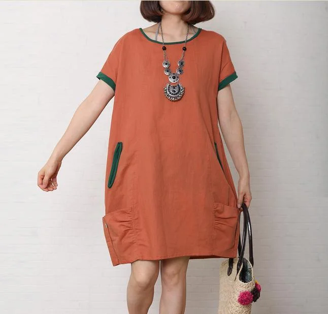 Brick red summer cotton dress short sleeve linen shift dress